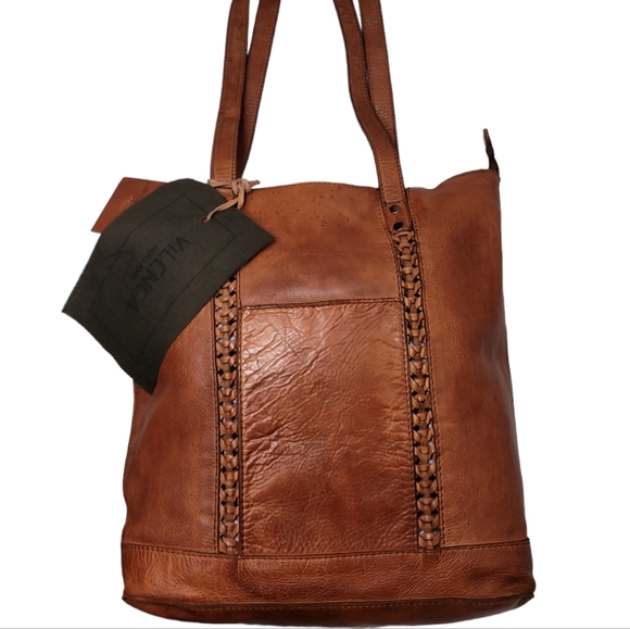 Vilenca Holland Anthropologie Cognac North South Stitch Woven Leather Tote - Picture 3 of 11